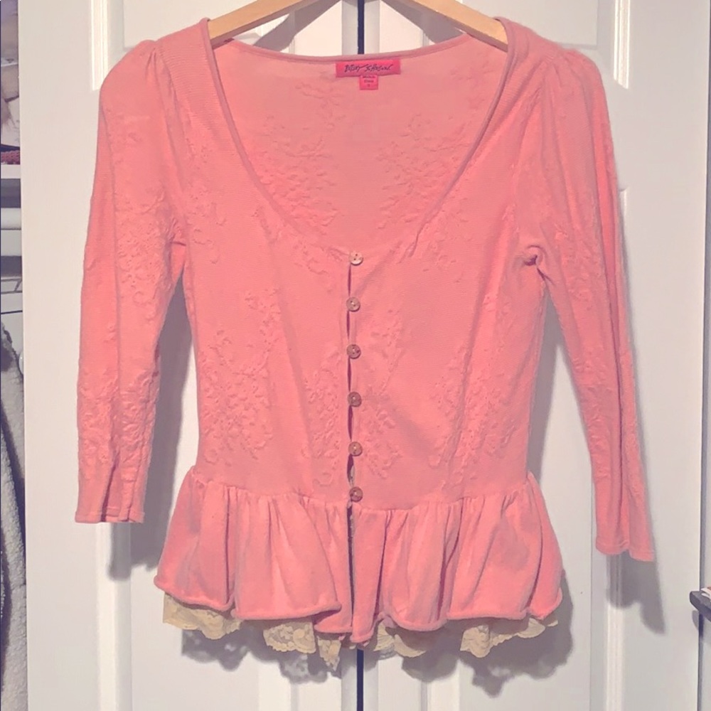 Betsey Johnson Pink Peplum Lace Sweater